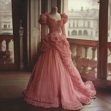 Vintage Victorian Pink Evening Dresses Long Sleeves 3D Flowers Ruched Prom Gowns