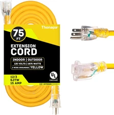 Lighted Outdoor Extension Cord 75 Ft - 12 Gauge 15 Amp Heavy Duty Power Extensio