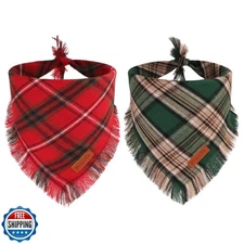 PTDECOR Christmas Dog Bandanas with Tassels Edges, Stylish Red Green Plaid Sc