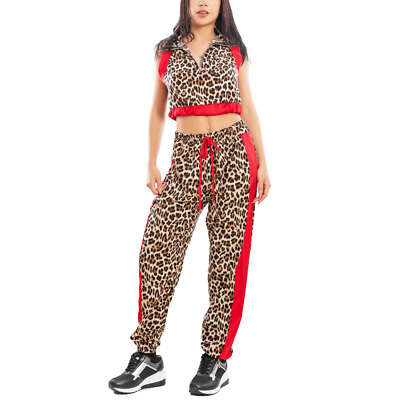 Tuta completo donna crop top pantaloni leopardo maculata TOOCOOL