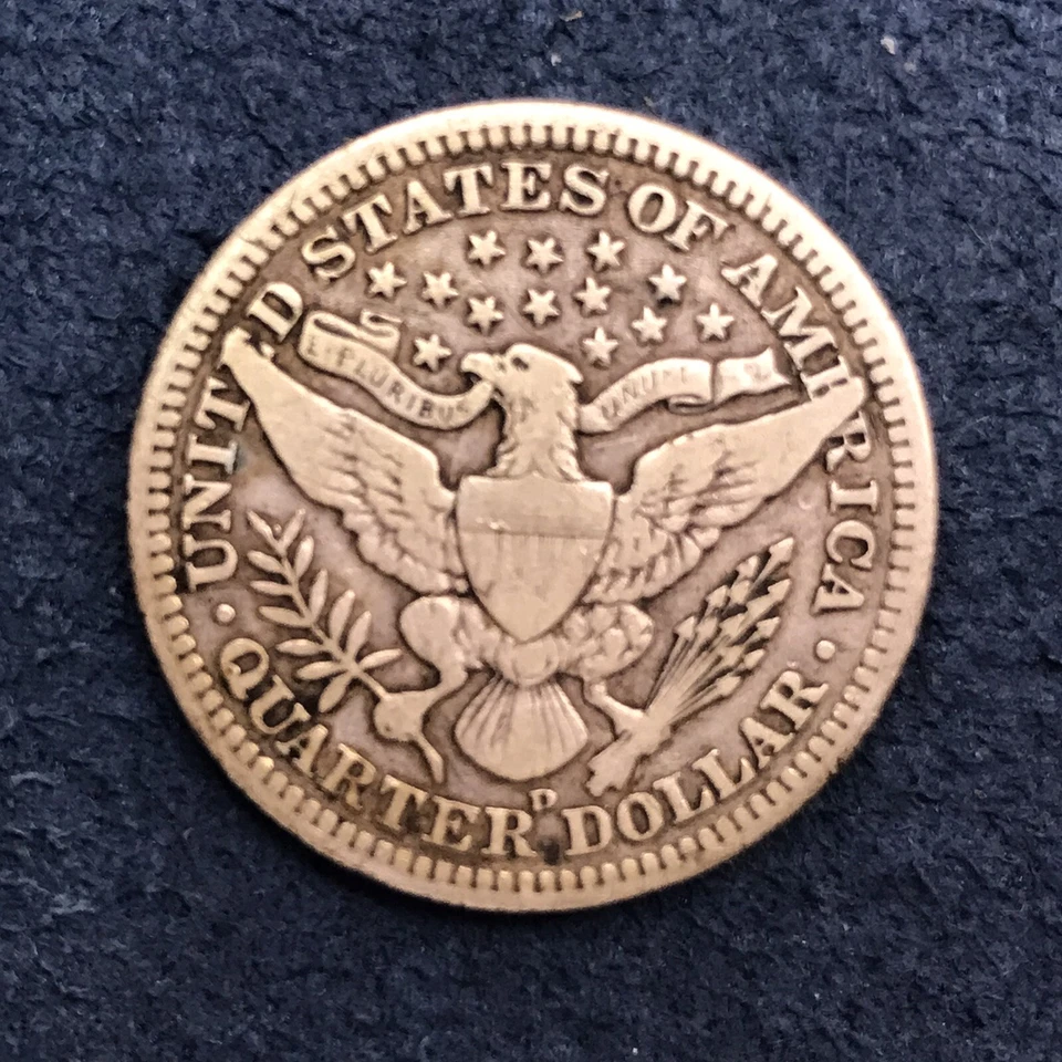 Cuarto de barbero 1906 d - Serie de diadema "LIBERTY" - EE. UU. Monedas de plata 25C Foto 3 de 3