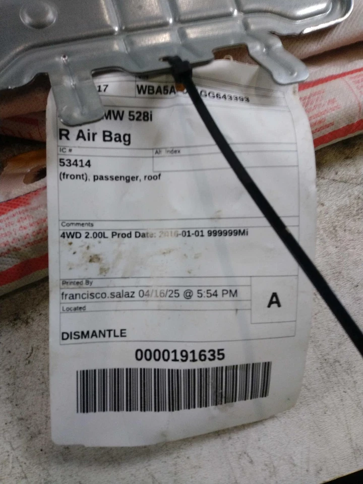 2016 BMW 528I Used Curtain Air Bag Right GREY 92K Miles OEM Part #586416 Foto 2 de 4