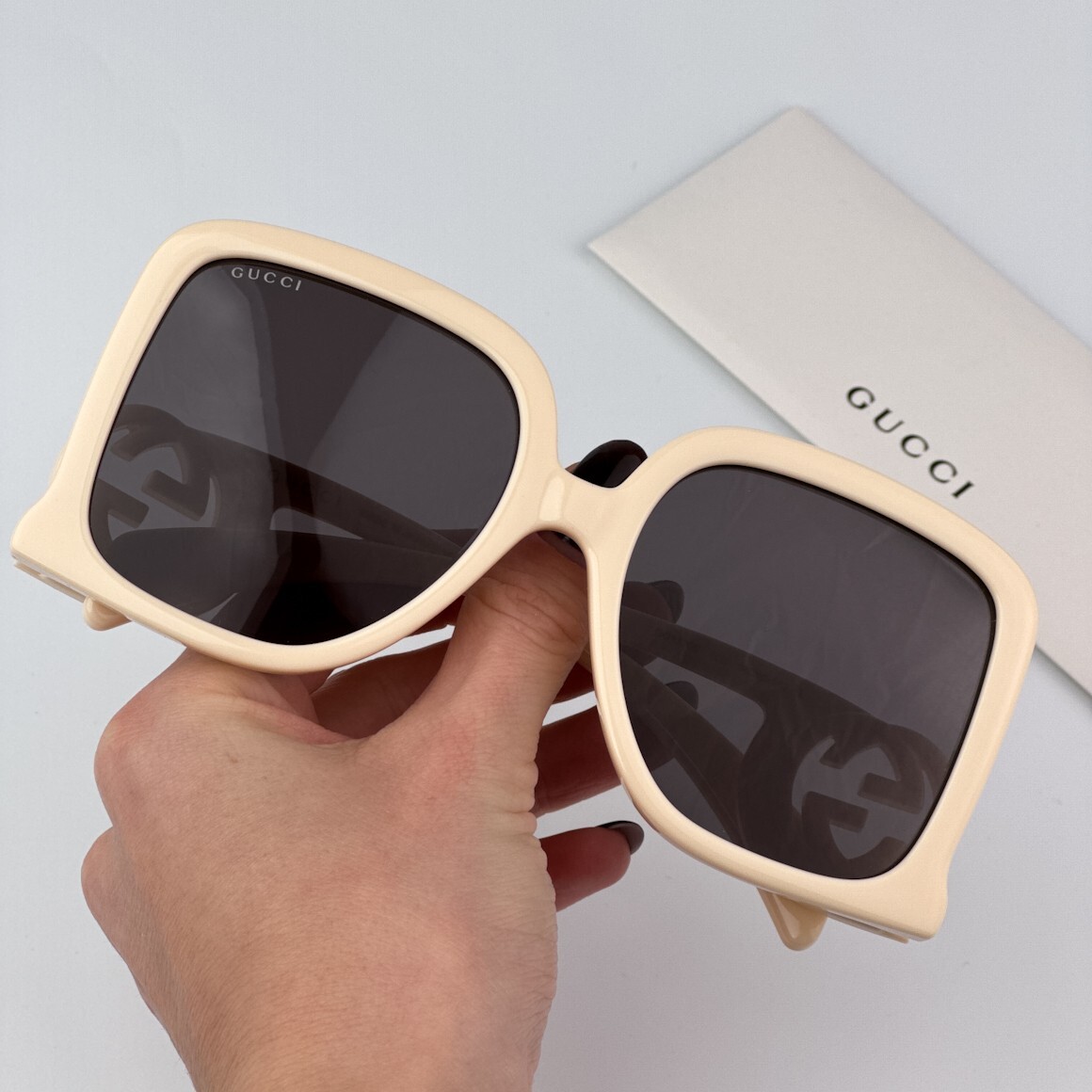 Gucci Women Sunglasses Ivory Grey Mirror Oversized Square 