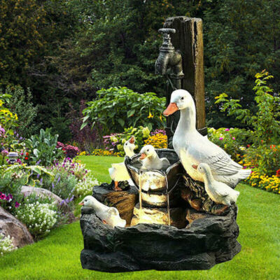 Solar Power Duck Family Outdoor Round Water Fountain Feature Garden ...
