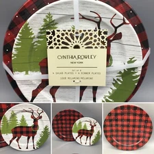 8 pc Cynthia Rowley Christmas Melamine Dinner Salad Plate Set Plaid Reindeer