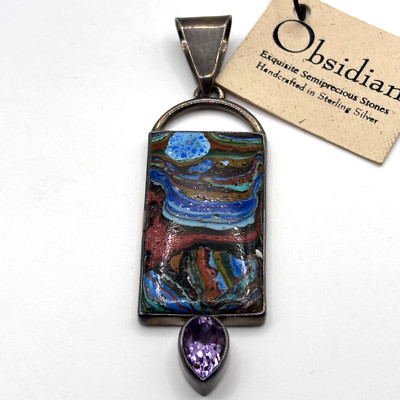 Obsidian Sterling Pendant Rainbow Calsilica Amethyst 925 Silver 3.25''
