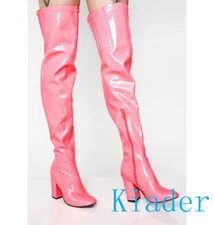 Womens Shoes Over The Knee High Boots Shiny Leather Chunky Heels Nightclub Pumps