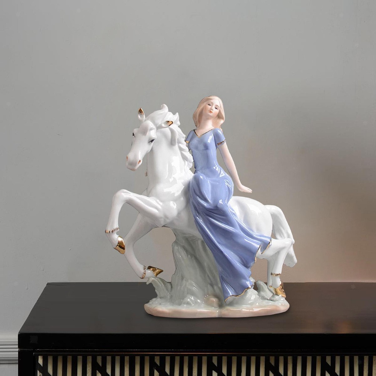 Porcelain Figurine Horse Riding Girl Statue for Cabinet