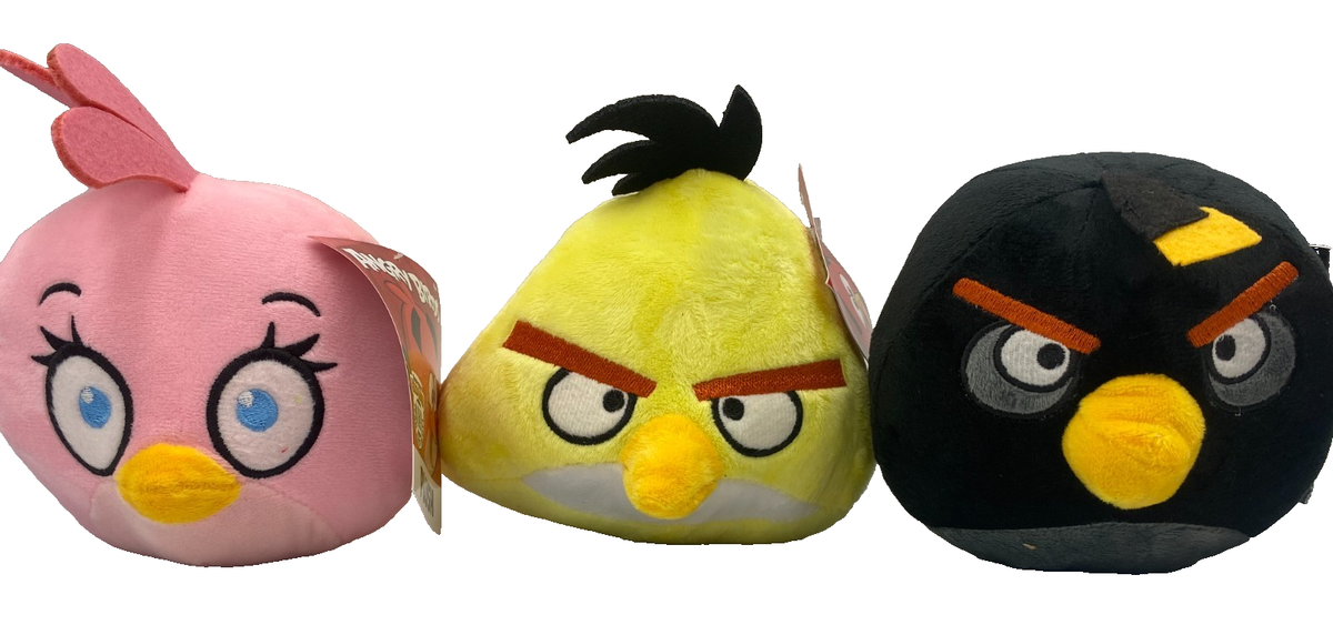 Set of 3 Pink Stella, Yellow Chuck, Black Bomb Angry Birds Plush