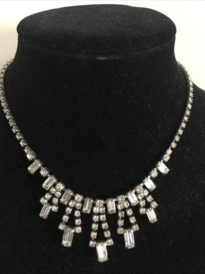 Beautiful WEISS Vintage Clear Rhinestone Baguette Choker Silver Tone Necklace