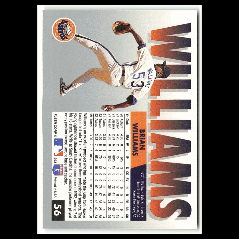 Brian Williams #56 1993 Fleer Houston Astros Baseball Card MLB NM - Image 2 of 3