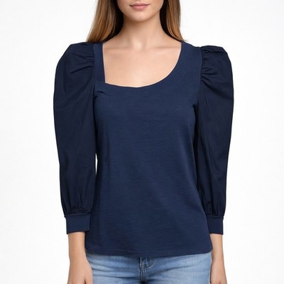 Nation LTD Tori Asymmetrical Puff Sleeve Top Night Horizon Blue Cotton Small