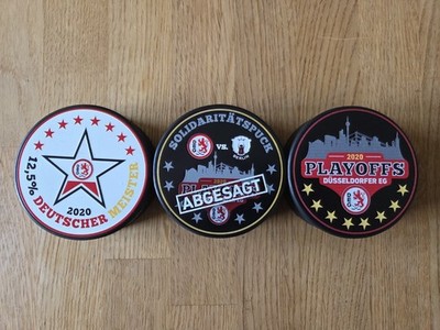 3 seltene Pucks DEG Düsseldorfer EG Corona Covid DEL NHL Playoff Eisbären Berlin