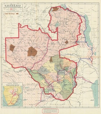 Rhodesien  British South Africa Company. Wildreservate. Simbabwe Sambia 1910 Karte