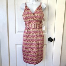 Siena Pink Zigzag Belted Midi Dress Sleeveless Bodycon Cocktail Dress