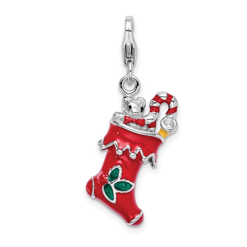 Sterling Silver 3-D Red Enameled Holiday Stocking Charm Pendant  3.43gm