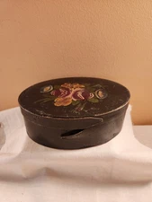 ANTIQUE  SMALL OVAL PANTRY BOX BLACK PAINTED FLORAL