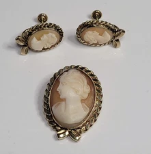 Amco Cameo Brooch / Pendant & Earrings Set carved shell gold filled