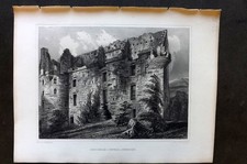 Impresión antigua Billings C1850. Castillo Drochill, Peebles, Escocia