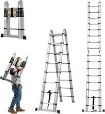 Aluminum Telescopic Extension Ladder A-Frame 2-in-1, Portable Collapsible