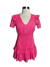 LoveShackFancy Rena Smocked Mini Dress Size P 00 Pink Ruffle V-Neck Chiffon