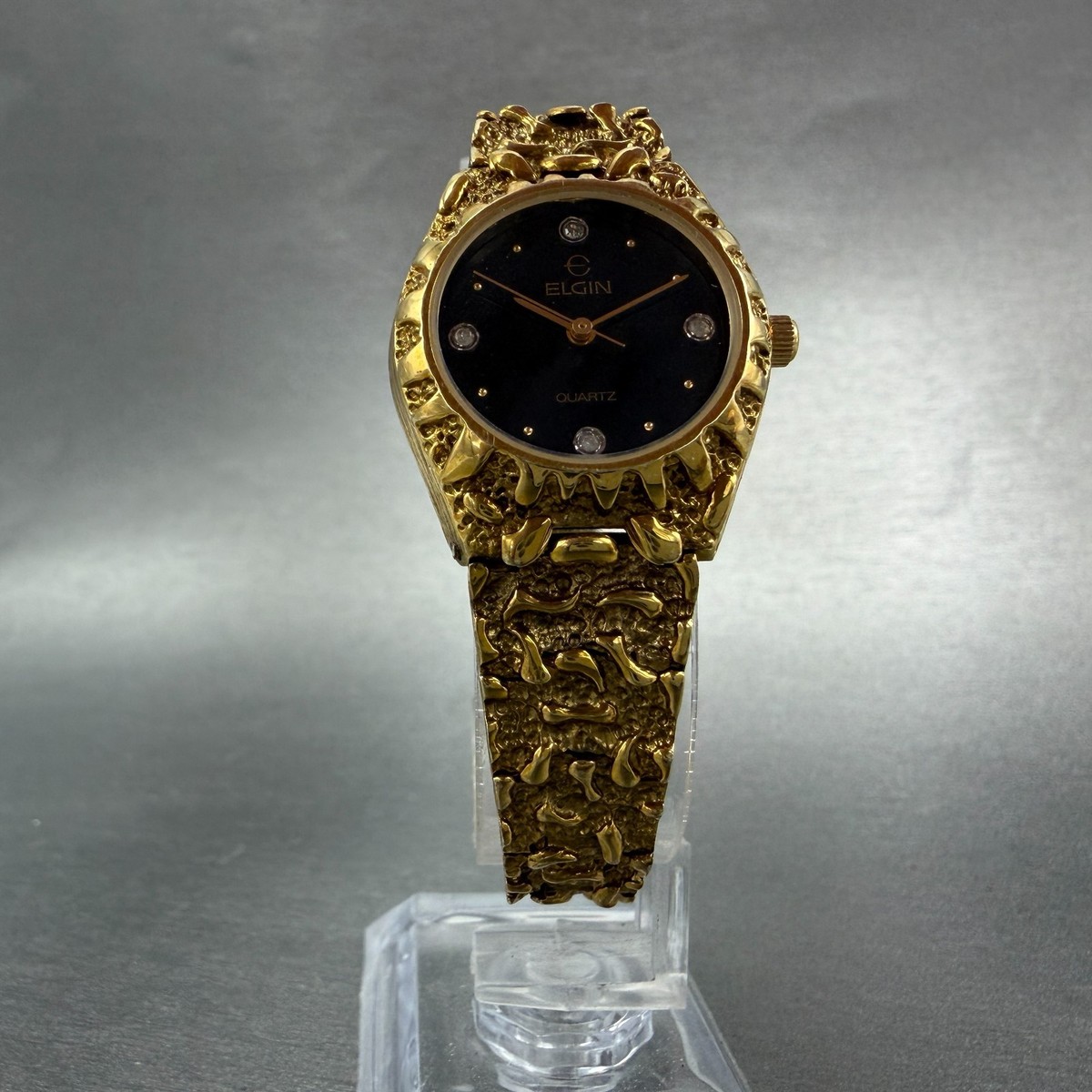 Elgin Watch Women 26mm Black Dial Gold Nugget Case Tone New