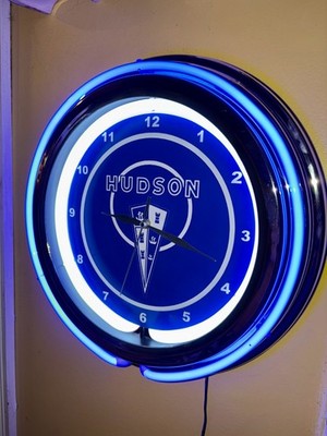 Hudson Motors Auto Garage Bar Man Cave Neon Style Retro LED Clock Sign