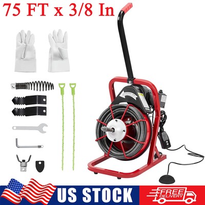 75FTx3/8In Drain Cleaner Machine Auto Feed Drain Auger Sewer Snake w/ 4 Cutters