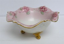 JPL Limoges France Hand Painted Scalloped Footed Bowl Pink Floral Gold Trim
