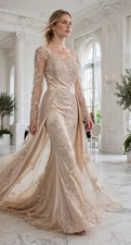 Champagne/Beige Mermaid/Trumpet Wedding Dress Long Sleeve Lace Beaded Train