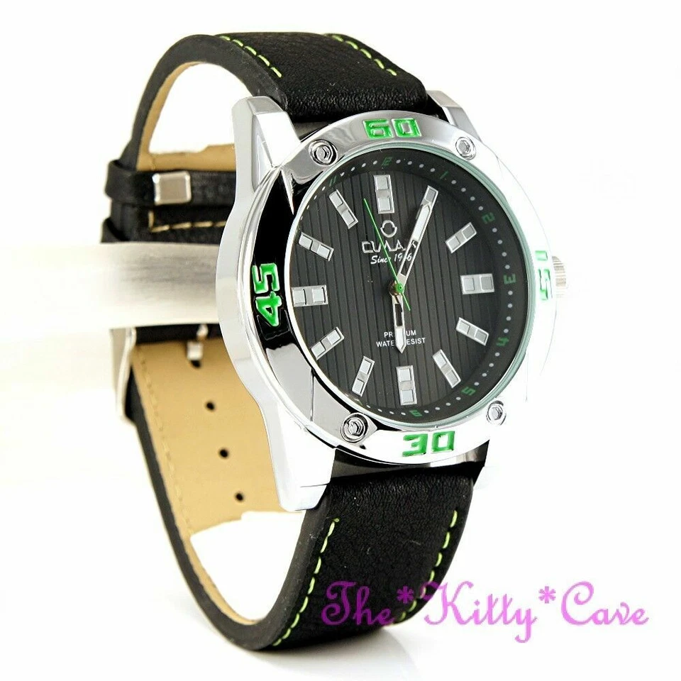 OMAX Impermeabile Argento/Verde, Svizzero Seiko Movt, Nero Pelle Orologio OAS183 - Immagine 2 di 4