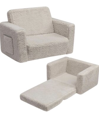 BeJoy 2 in1 ausklappbarer Kindersessel Bett GRAU Sherpa Klappstuhl Bett Sofa NEU