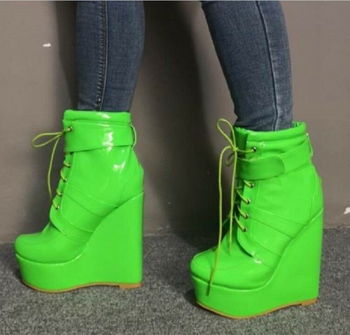 Sexy Women Lace Up Ankle Boots High Wedge Heels Platform Patent Leather Clubwear - Picture 13 of 14