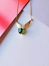 Heart Cut Simulated Green Emerald Women's Wing Pendant In 14k Yellow Gold Plated