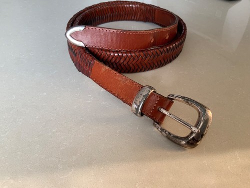 Cole Haan Mens 38” Leather Braided Belt Size Brass Buckle Brown Vintage - Picture 2 of 11