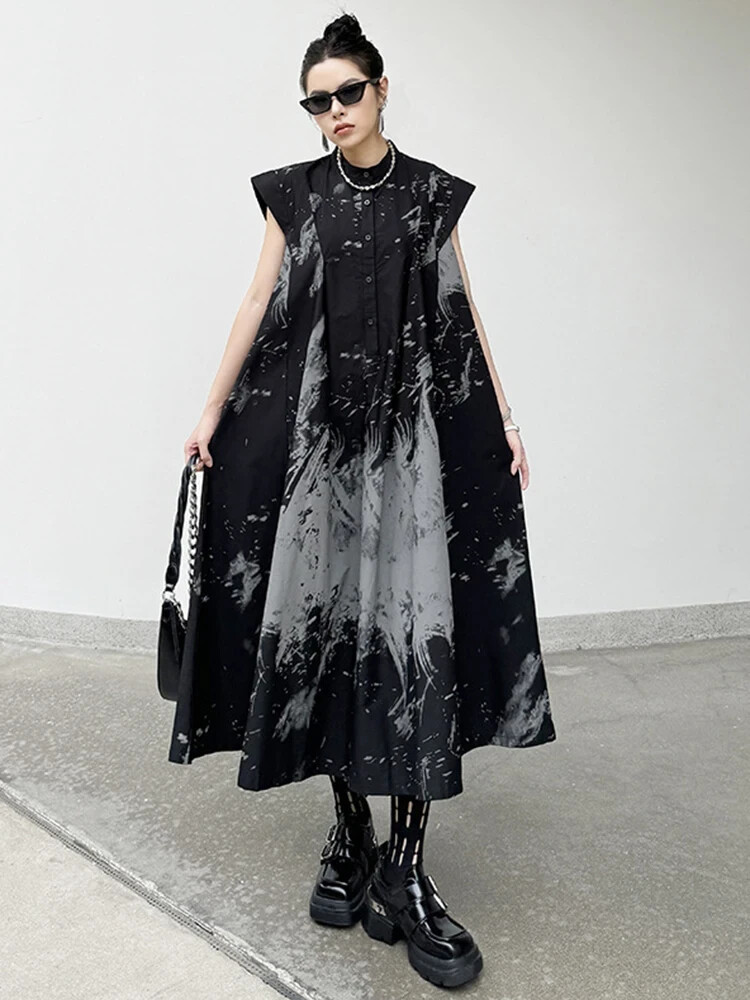 Vestido Camisa Midi Damas Arte Callejero Urbano Diseño Negro Único Edgy Diseñador 12