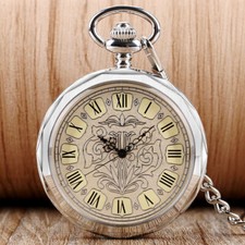 Vintage Open Face Roman Numerals Unisex Hand Wind Mechanical Pocket Watch Chain