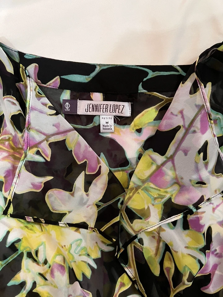 Jennifer Lopez Tank Top Flowered Cami Black Yello Green Pink Floral Size PM Poly - Image 2 of 3