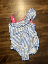 J. Crew Crew cuts Girls Swimsuit Tiered Blue White Pink Sz 3 Seersucker Look