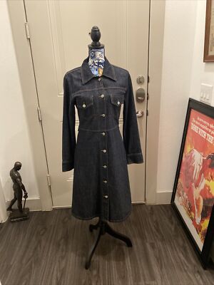 Vintage 90s Kitsch Denim Trench Dress M 100% Cotton Half Belted Western 