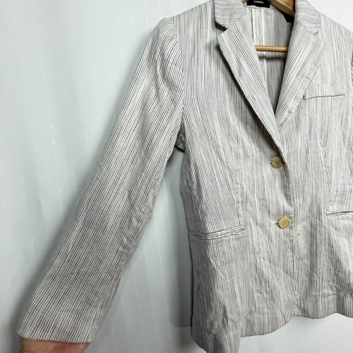 Theory Linen Blend Striped Blazer Size 4 Ivory Beige Navy Twill Minimalist Luxe - Picture 4 of 17