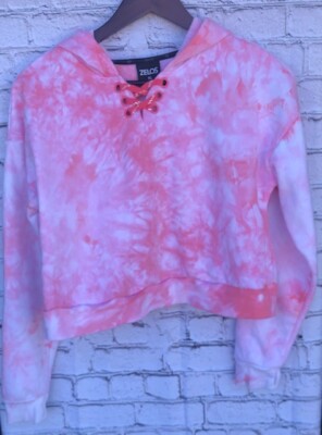 ZELOS Girl's Cropped Hoodie Pink Tie Dye Size XL Grommets Laces Banded Waist EUC