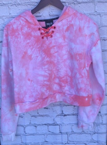 ZELOS Girl's Cropped Hoodie Pink Tie Dye Size XL Grommets Laces Banded Waist EUC