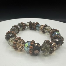 Smoky Crystal Faceted Beaded Stretch Bracelet Bronze Tone Boho Statement Gift