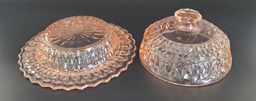 VINTAGE PINK DEPRESSION ORIGINAL COVERED GLASS BUTTON BOW BUTTER DISH - Picture 9 of 11