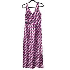 Jude ConnallyMaxi Dress Navy Pink Cream Geometric Print Sleeveless V Neck L