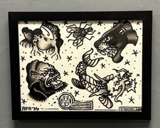 ORIGINAL 11x9  Framed Hand Painted American Traditional Flash, Frog Panther Koi 