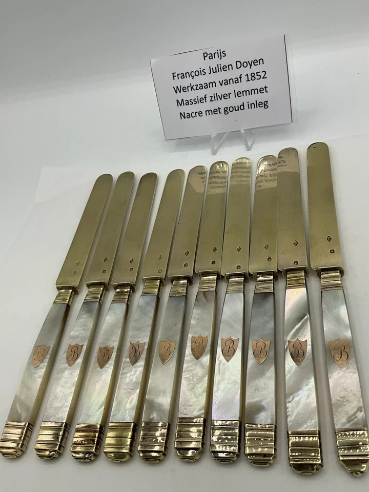 10 Antike Vorlegemesser Silber 950 vergoldet, Frankreich mit Perlmutt um 1852 - Bild 2 von 4