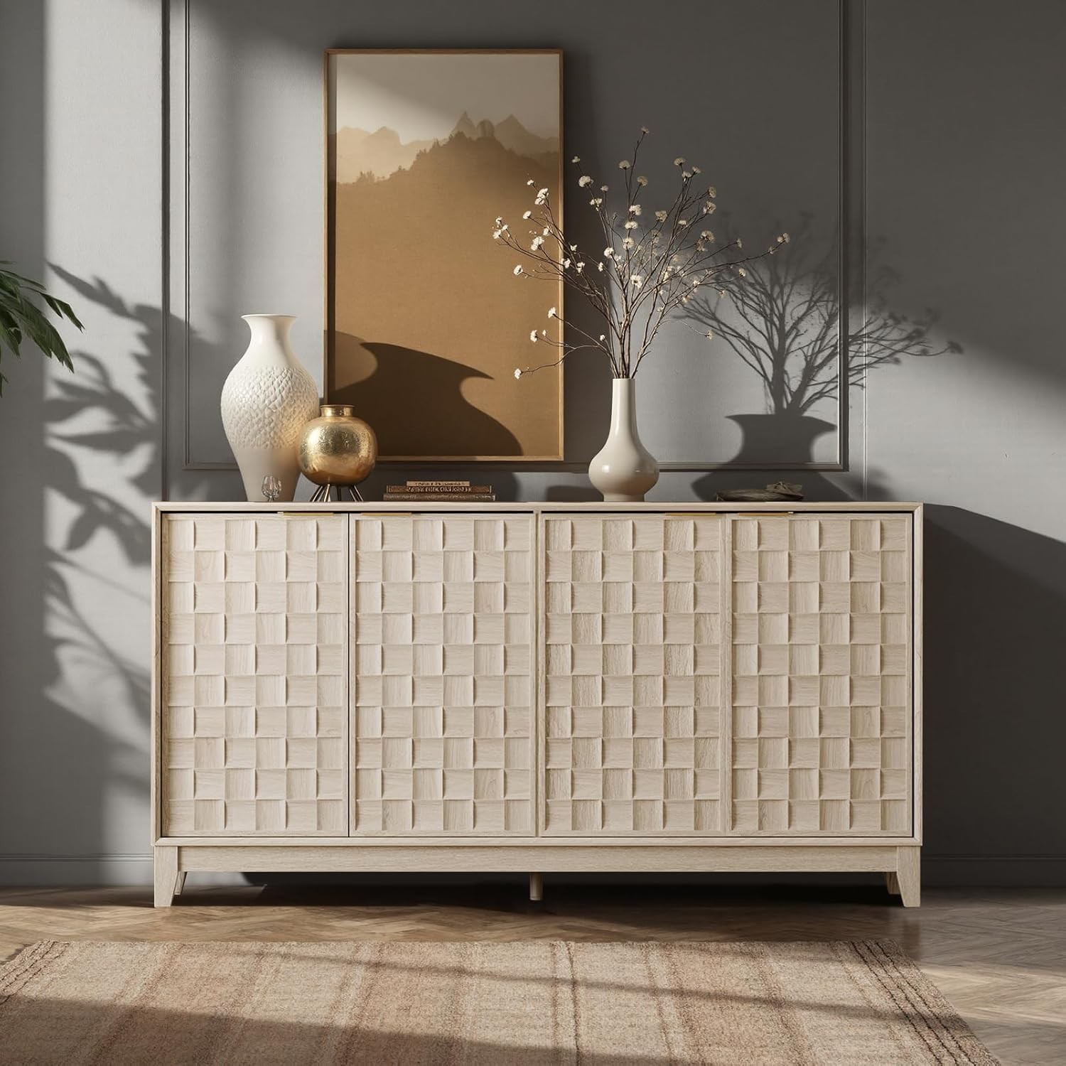 Fluted Sideboard Cabinet with Storage &ndash; Solid Wood Buffet for Dining Room, Crede