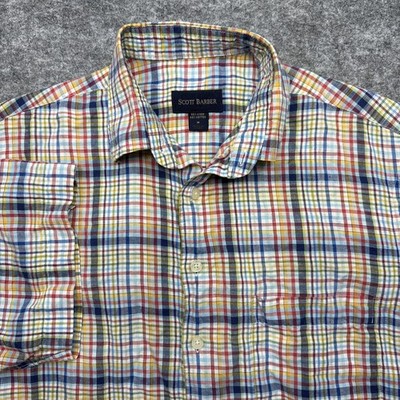 Scott Barber linen shirt men's medium plaid short sleeve beach resort casual